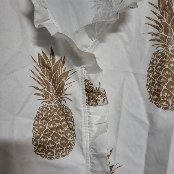 White Polyester Blend Shirt with Pineapple Print and Ruffle Neck - Size 5XL - Picture 2 of 6
